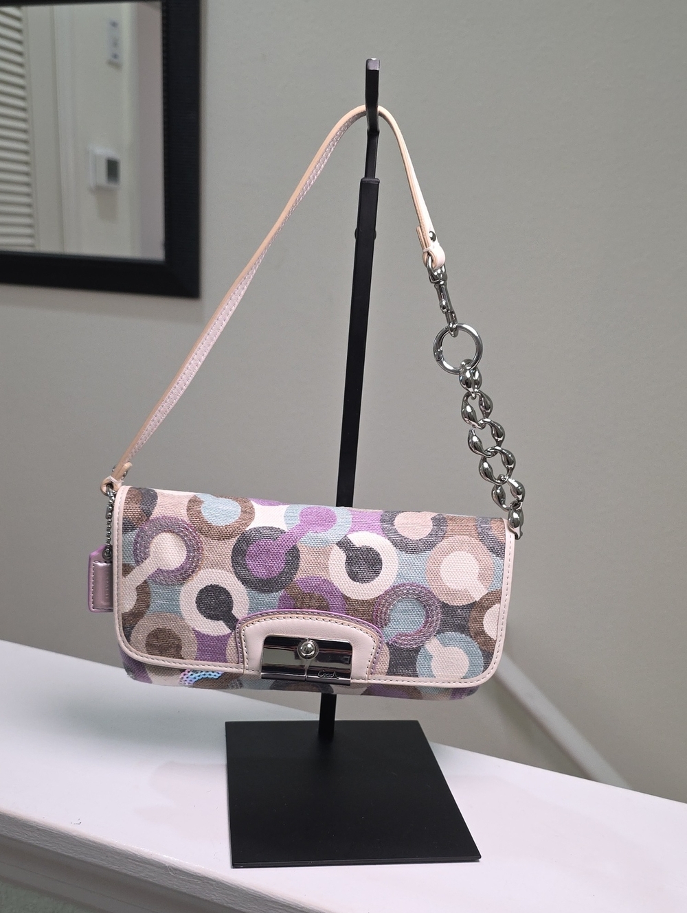 Coach Kristin Sequin Purple/Cream Signature Print Fabric Minibag/Wristlet EUC